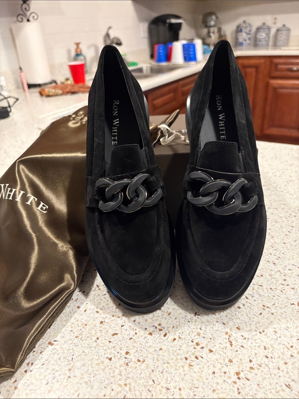 Ron White Allison Black Onyx Suede Chain Loafers Women’s 39 US 8.5-9 New Box